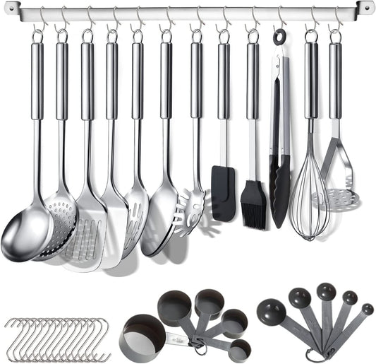 38-Piece Stainless Steel Kitchen Utensils Set with Holder Rack and Hooks, Dishwasher Safe Cooking Tools
