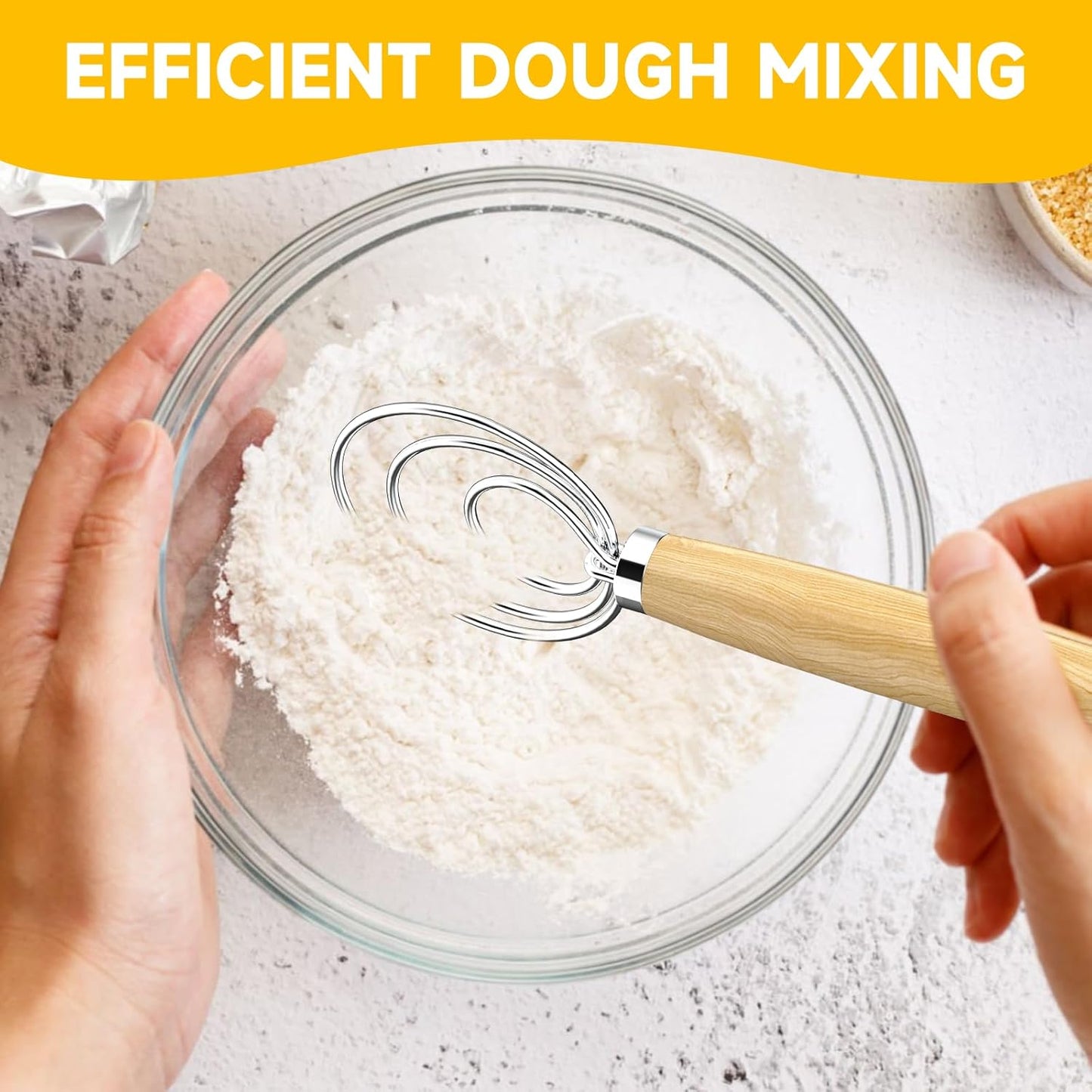 Dough Whisk, 13-Inch Wooden Danish Dough Whisk Sour Dough Tools with Stainless Steel Dough Hook Bread Whisk for Sourdough, Pizza, Pastry, Cake Batter Etc.