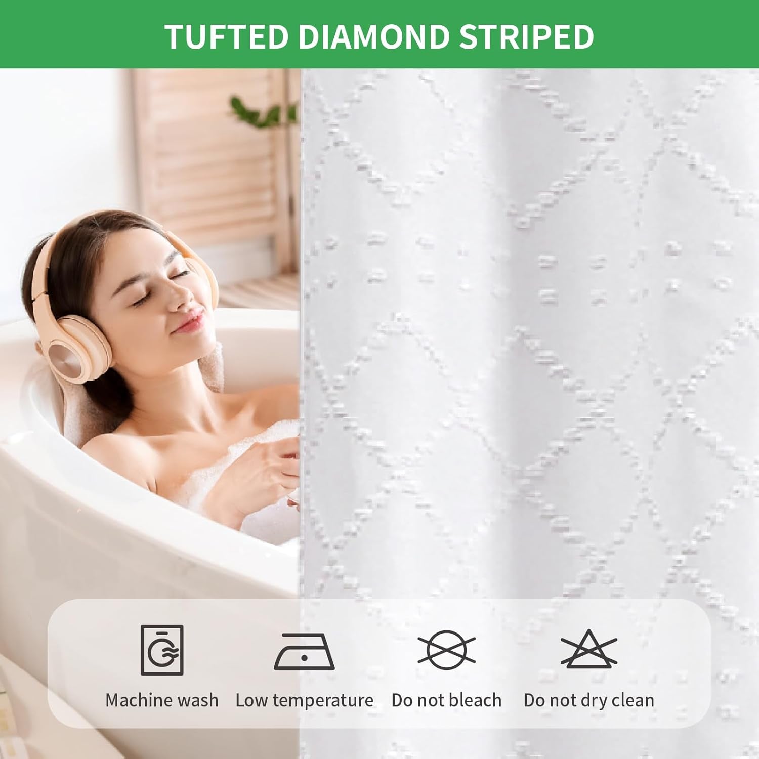 White No Hook Shower Curtain with Fabric Snap in Liner Set, Boho Tufted Chevron Striped Shabby Chic Textured Shower Curtain with a Mash Top Window, Hotel Decor, 71" W X 74" L