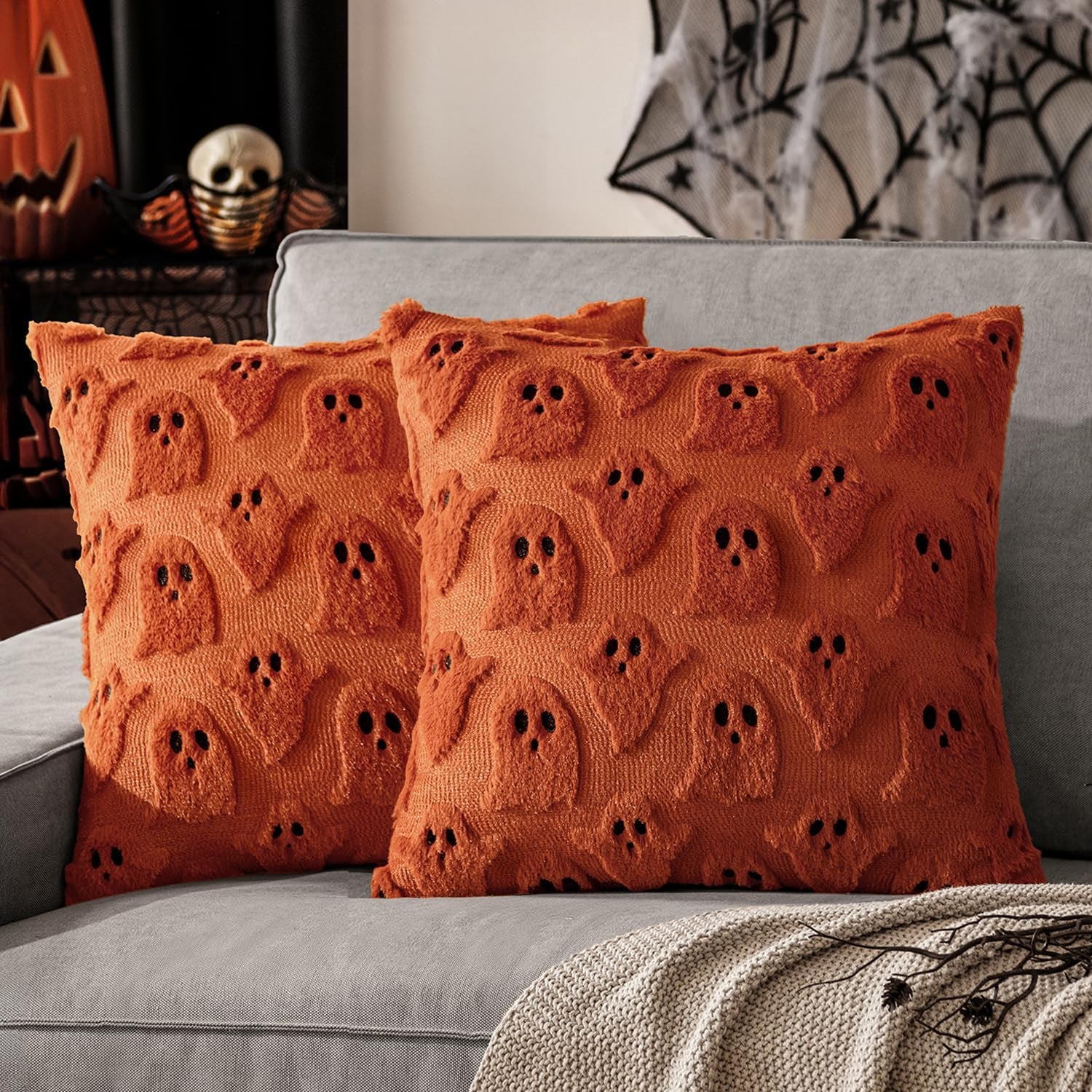 Halloween Decorative Pillow Covers - Set of 2 Soft Plush Faux Fur Ghost-Themed Cushions for Couch, Sofa, Bed, and Porch - 18x18 Inch Burnt Orange Fall Decor