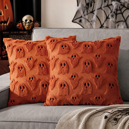 Halloween Decorative Pillow Covers - Set of 2 Soft Plush Faux Fur Ghost-Themed Cushions for Couch, Sofa, Bed, and Porch - 18x18 Inch Burnt Orange Fall Decor