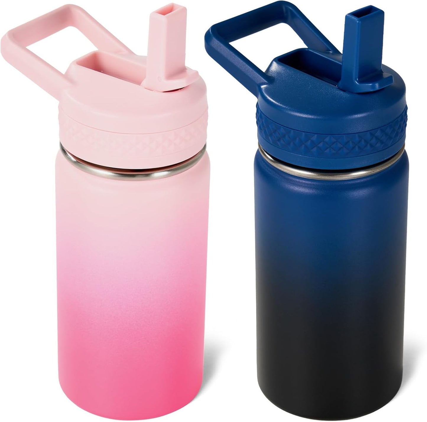 12 Oz Toddler Bottle, Kids Water Bottle for School Boys&Girls with Straws Lids, 304 Stainless Steel Vacuum Insulated Thermos, Bpa-Free, Blue Black + Cherry Blossom