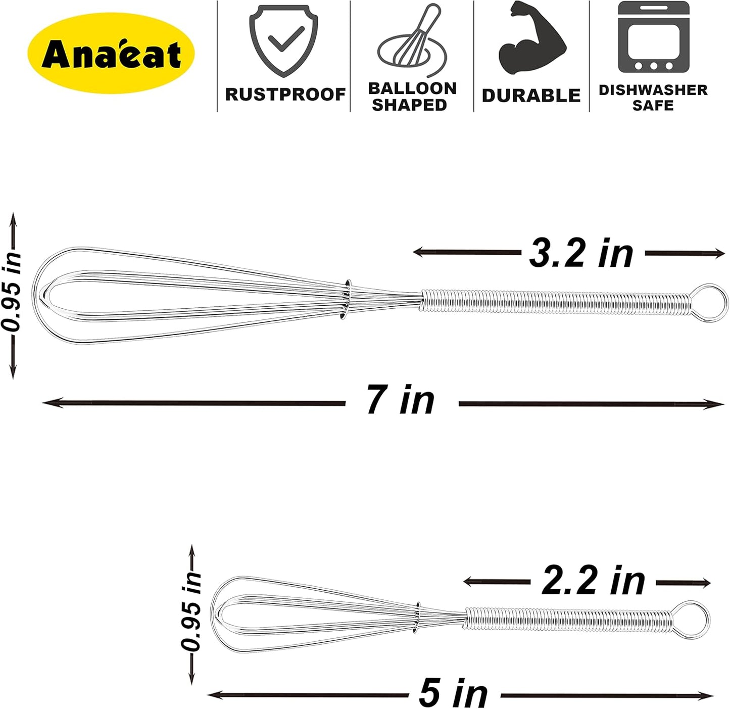 Mini Wire Whisks, Set of 2 Portable Stainless Steel Kitchen Tiny Whisk & Egg Beater with Thick Wire - Sturdy Small Mixing Balloon for Cooking, Blending, Whiping, Beating and Stirring (5" + 7")
