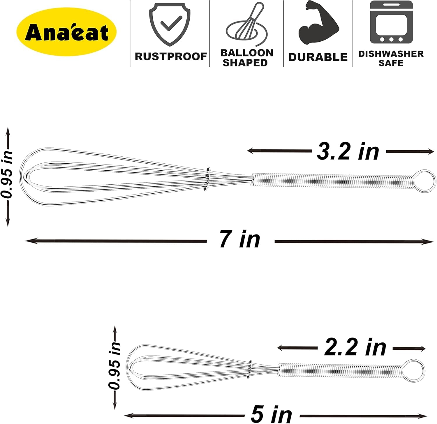 Mini Wire Whisks, Set of 2 Portable Stainless Steel Kitchen Tiny Whisk & Egg Beater with Thick Wire - Sturdy Small Mixing Balloon for Cooking, Blending, Whiping, Beating and Stirring (5" + 7")