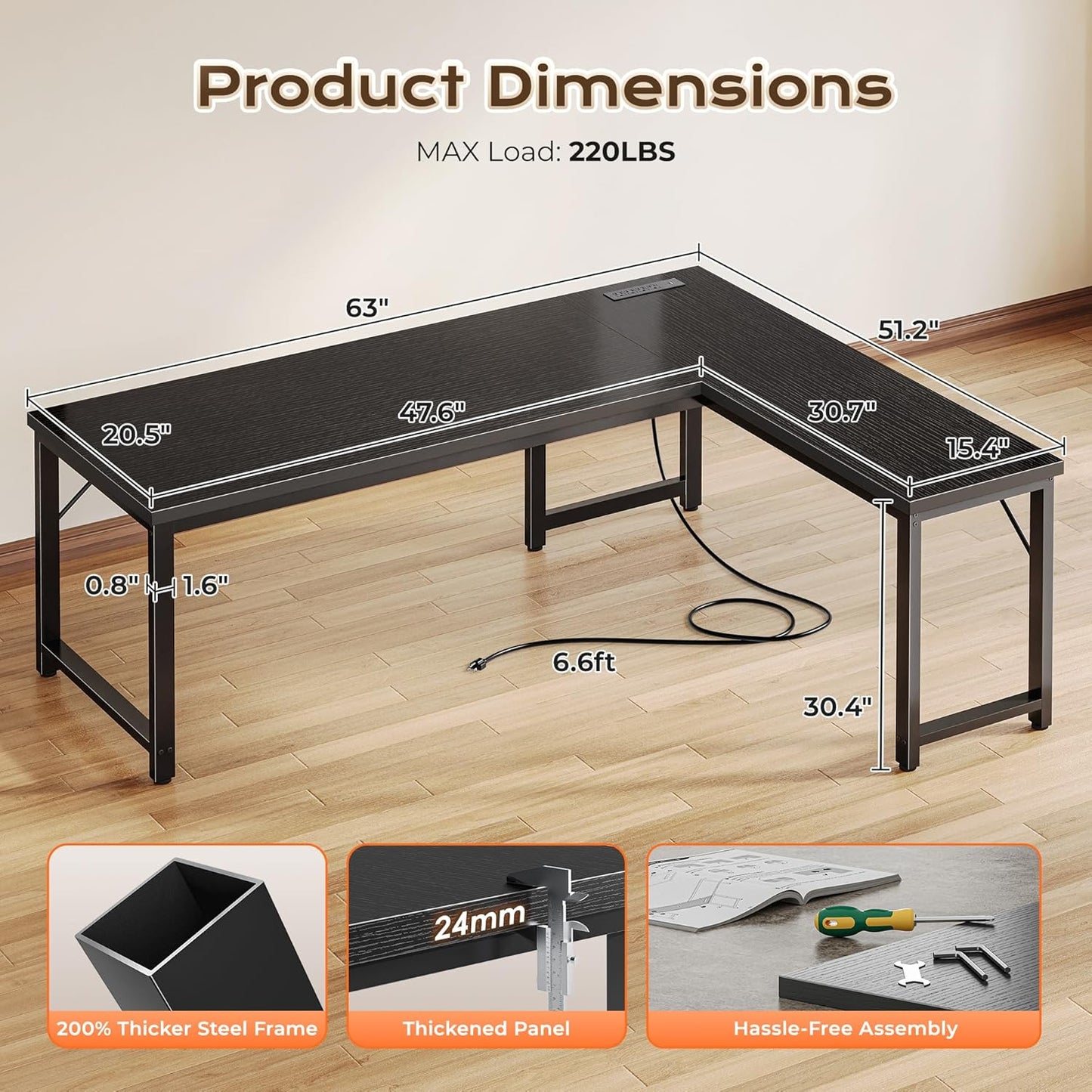 63-Inch L-Shaped Desk with Integrated Power Outlets and USB-C Port, Reversible Design, Spacious Corner Gaming and Office Desk, 0.95-Inch Thick Desktop, Sturdy Metal Frame, Ideal for Home Office and Study, Black
