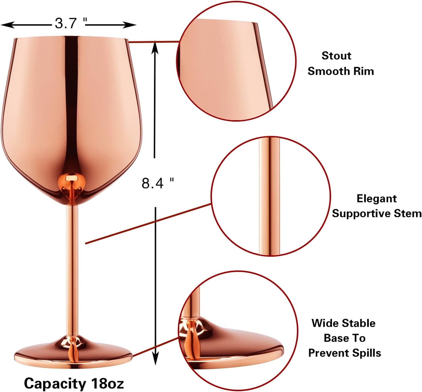 Rose Gold Wine Glasses Set of 4, 18Oz Copper Stainless Steel Unbreakable Metal Glass for Outdoor, Travel, Camping - Ideal Wine Accessories Gift
