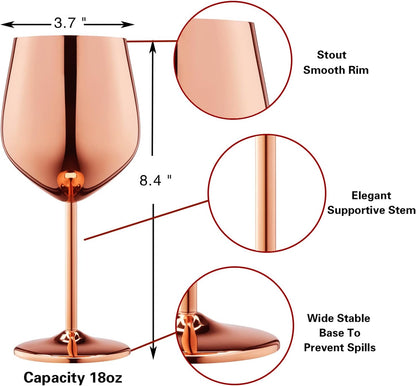 Rose Gold Wine Glasses Set of 4, 18Oz Copper Stainless Steel Unbreakable Metal Glass for Outdoor, Travel, Camping - Ideal Wine Accessories Gift