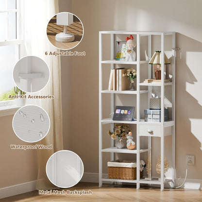 6-Tier Bookshelf with Charging Station, Double Display Shelf with Drawer, Tall Freestanding Bookcase, Metal Open Book Shelf for Living Room, Bedroom, Home Office, White