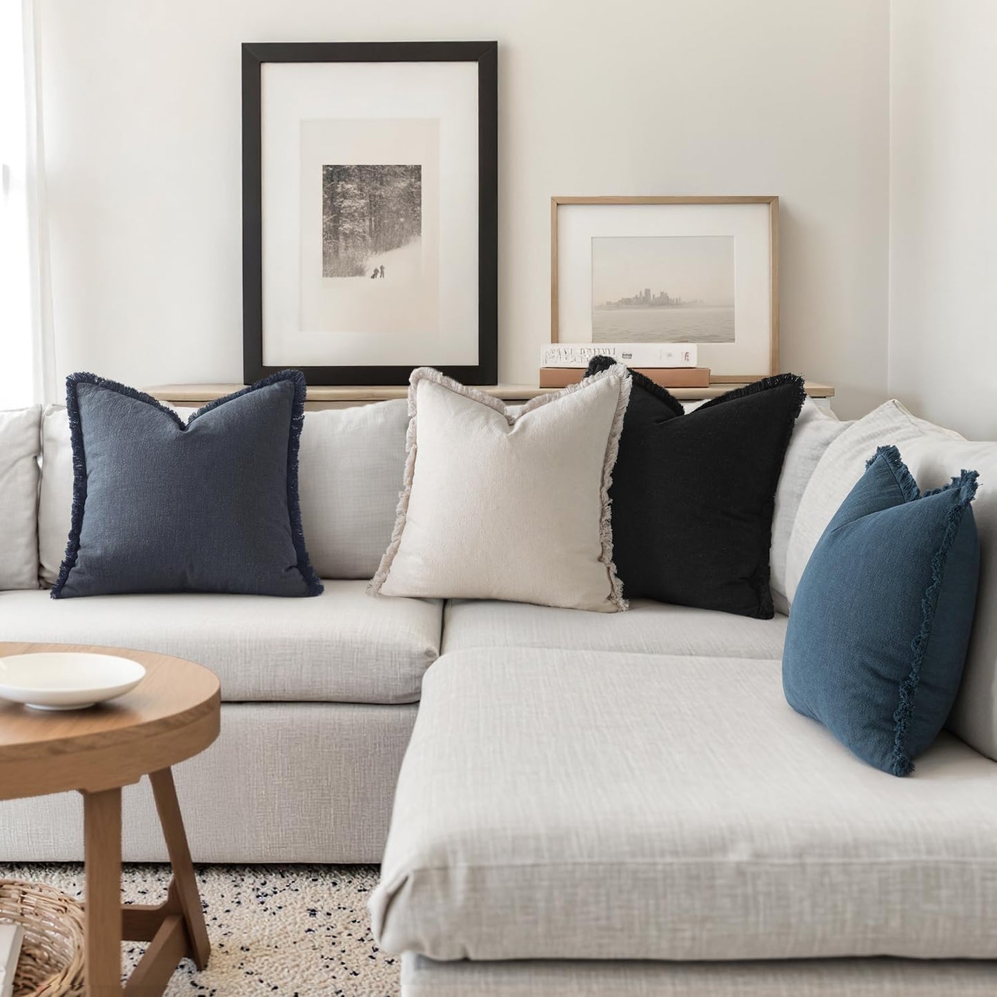 Christmas Decorative Couch Pillow Covers Neutral Linen Fringe Throw Pillows Set of 4 Boho Farmhouse Cushion Modern Pillowcases for Bed Sofa Living Room Home Decor 18X18 Inch Beige/Coastal Blue