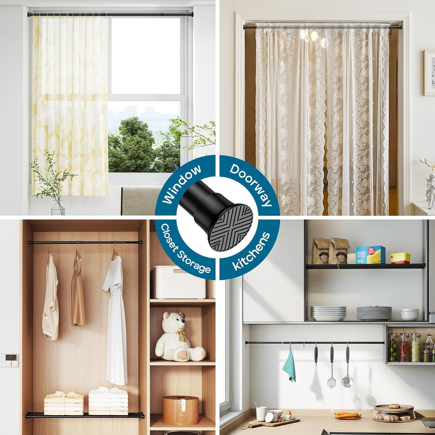2Pack Tension Curtain Rod 23-46 Inch No Drilling Adjustable Black Tension Rod Extendable Spring Loaded Curtain Rods for Window Doorway Kitchen Closet Bathroom