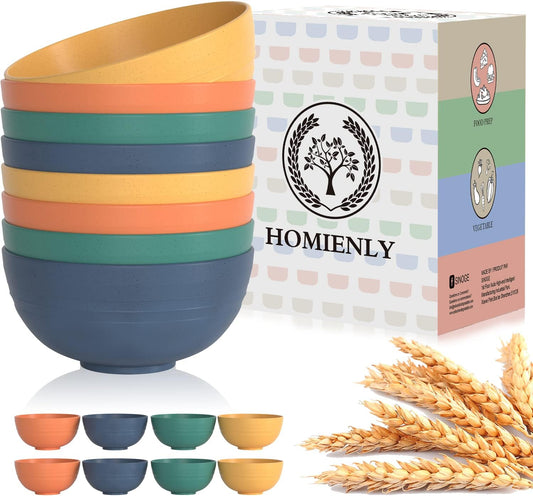 Premium 8-Piece Unbreakable Wheat Straw Cereal Bowl Set - Lightweight, Microwave and Dishwasher Safe, Ideal for Serving Soup, Oatmeal, Ramen, and Salad (Multi-Color, 26 OZ)