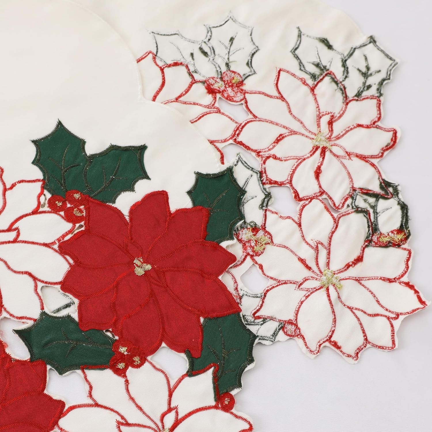 Christmas White Table Runner 13X70 Inches Long, Embroidered Red Poinsettia Flower Christmas Runner for Table, Xmas Dresser Scarves Holiday Parties Kitchen Farmhouse Dinner Decor