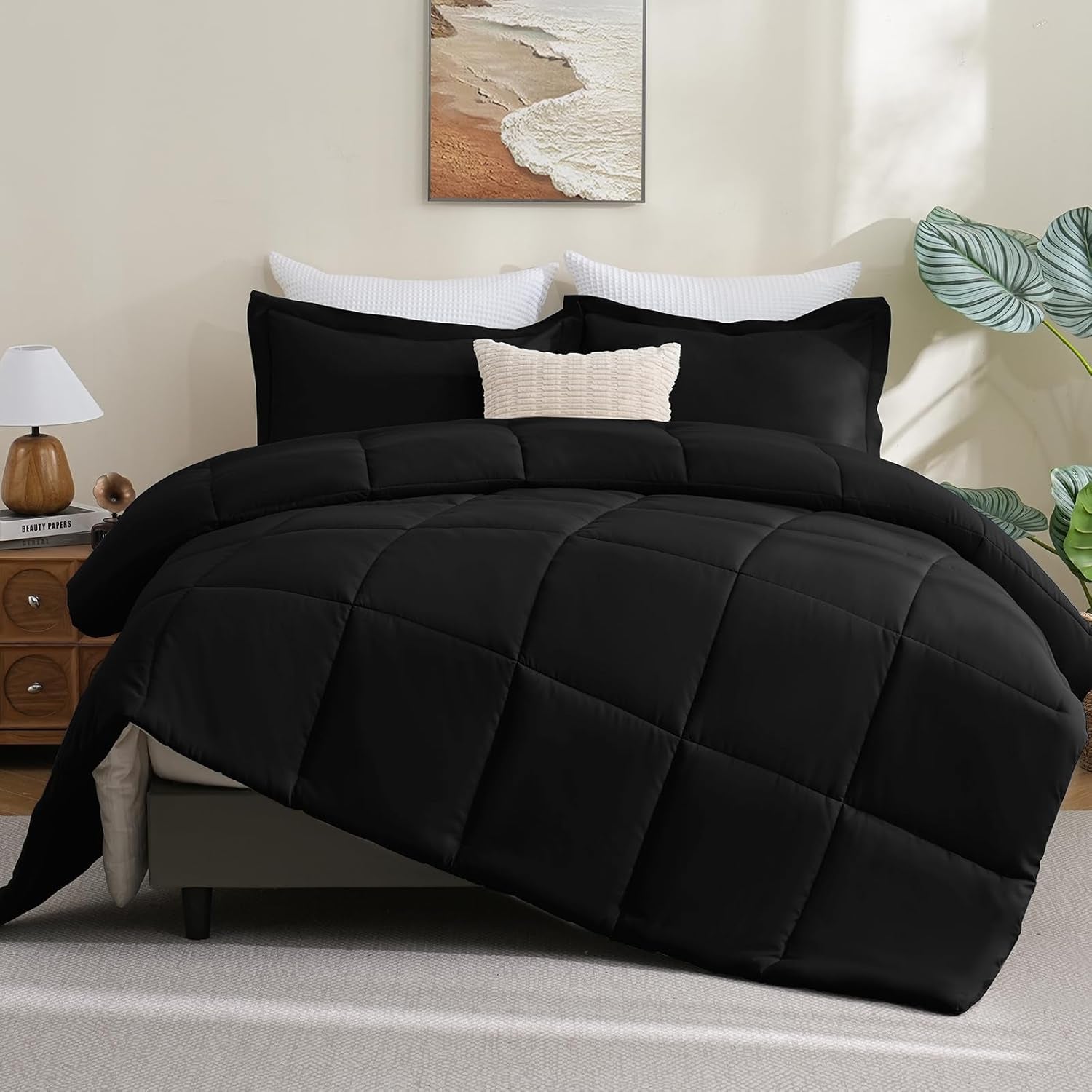 Queen Comforter Set Black - 3 Pieces Box Stitched Comforters Queen Size, Soft Bed Set for All Seasons, Lightweight Bedding Sets with 1 down Alternative Comforter and 2 Pillow Shams