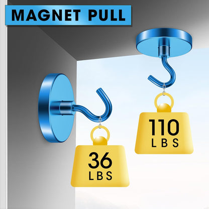 Heavy Duty Neodymium Magnetic Hooks - 10 Pack, 110 lbs Capacity, Rust-Proof Blue Magnets for Versatile Hanging Solutions in Kitchen, Garage, and Cruise Use