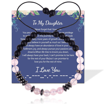 To My Daughter Morse Code Bracelet with Message Card, Pink Crystal Beaded Morse Code Bracelets for Women, Inspirational Natural Stone Charm Beaded Bracelet (Daughter)