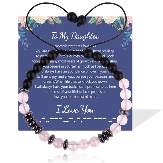 To My Daughter Morse Code Bracelet with Message Card, Pink Crystal Beaded Morse Code Bracelets for Women, Inspirational Natural Stone Charm Beaded Bracelet (Daughter)