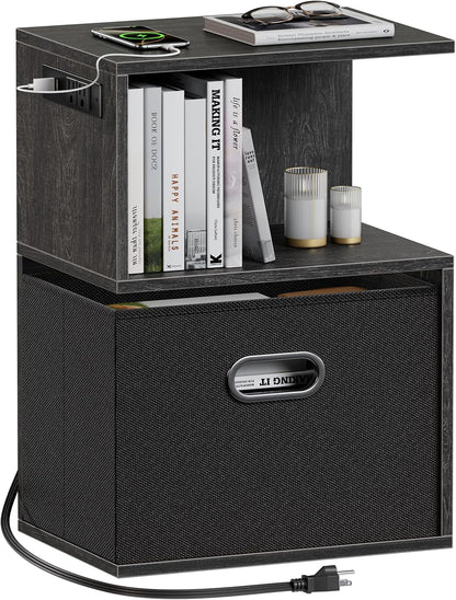 S Nightstand with Charging Station, 3 Tier Open End Table with Drawer, Wood Bedside Table with Storage for Living Room/Bedroom/Small Space, Black Oak