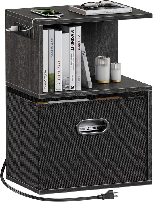 S Nightstand with Charging Station, 3 Tier Open End Table with Drawer, Wood Bedside Table with Storage for Living Room/Bedroom/Small Space, Black Oak