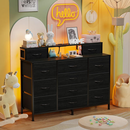 Elegant Black Bedroom Dresser with LED Lighting and Integrated Charging Station, 47"W Closet Chest with 12 Storage Drawers, Versatile TV Stand and Hallway Furniture, Featuring a 2-Tier Wooden Top and Sturdy Metal Frame