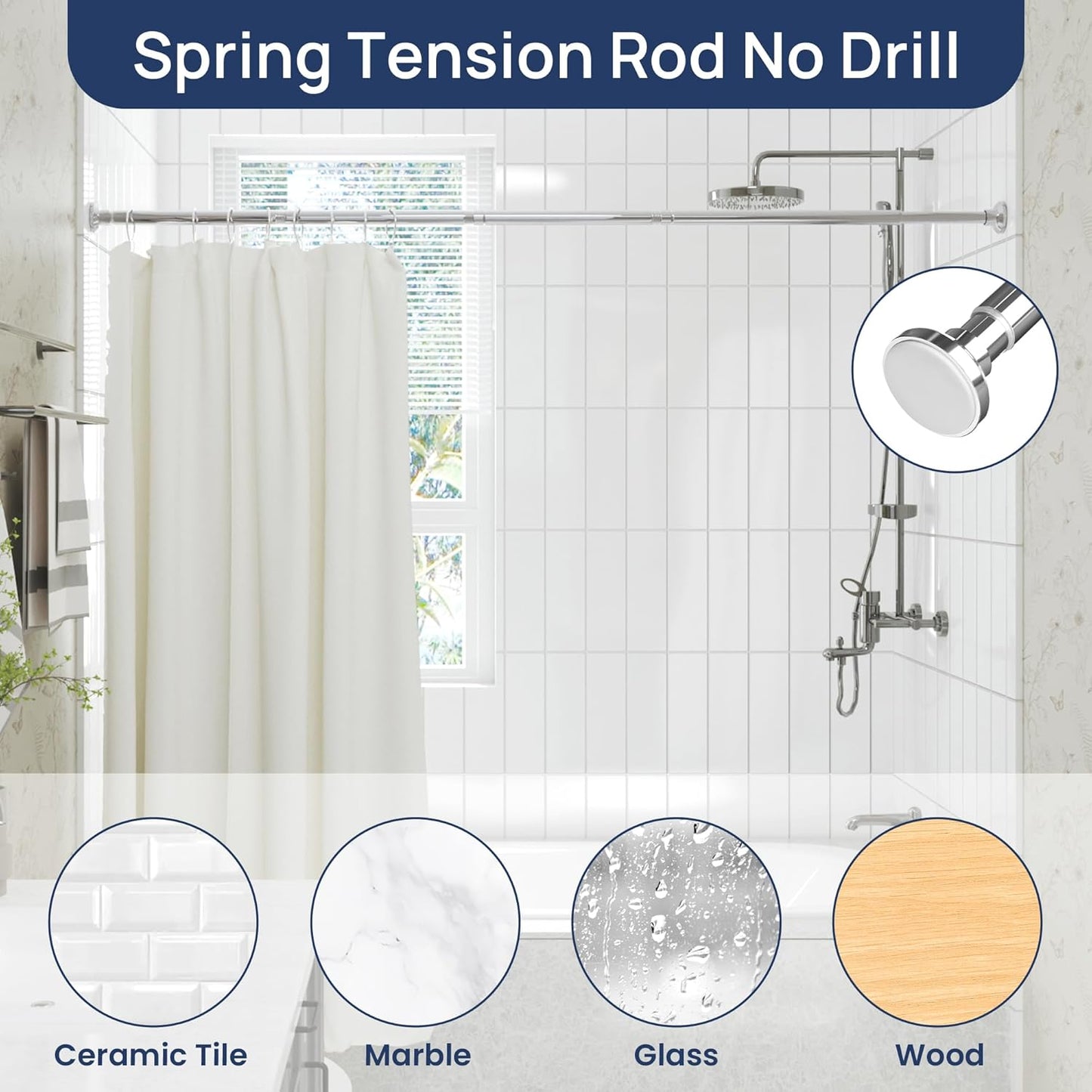 Shower Curtain Rod 33 to 72 Inches, 1 Inch Stainless Steel Adjustable Spring Tension Rods No Drill for Bathroom, Closet, Window, Room Divider, Never Rust, Non Slip, Chrome