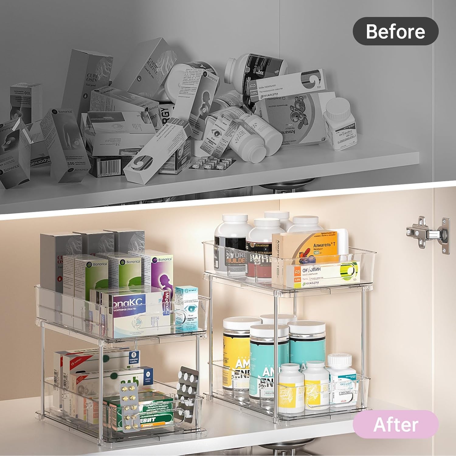 2 Pack Snap-Lock Bathroom under Sink Organizers and Storage, 2 Tier Pull Out Medicine Bathroom Cabinet Organizer, Multi-Purpose Kitchen Pantry Organization and Storage with Movable Divider