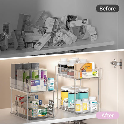 2 Pack Snap-Lock Bathroom under Sink Organizers and Storage, 2 Tier Pull Out Medicine Bathroom Cabinet Organizer, Multi-Purpose Kitchen Pantry Organization and Storage with Movable Divider