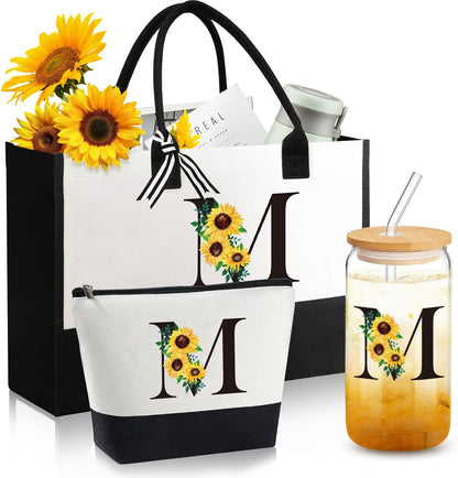 Personalized Gifts for Women, Monogrammed Gifts for Women, Initial Monogram Gift Sunflower Birthday Gift for Mom Sister Best Friends - Monogrammed Canvas Tote Bag & Makeup Bag & Glass Cup M