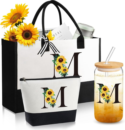 Personalized Gifts for Women, Monogrammed Gifts for Women, Initial Monogram Gift Sunflower Birthday Gift for Mom Sister Best Friends - Monogrammed Canvas Tote Bag & Makeup Bag & Glass Cup M