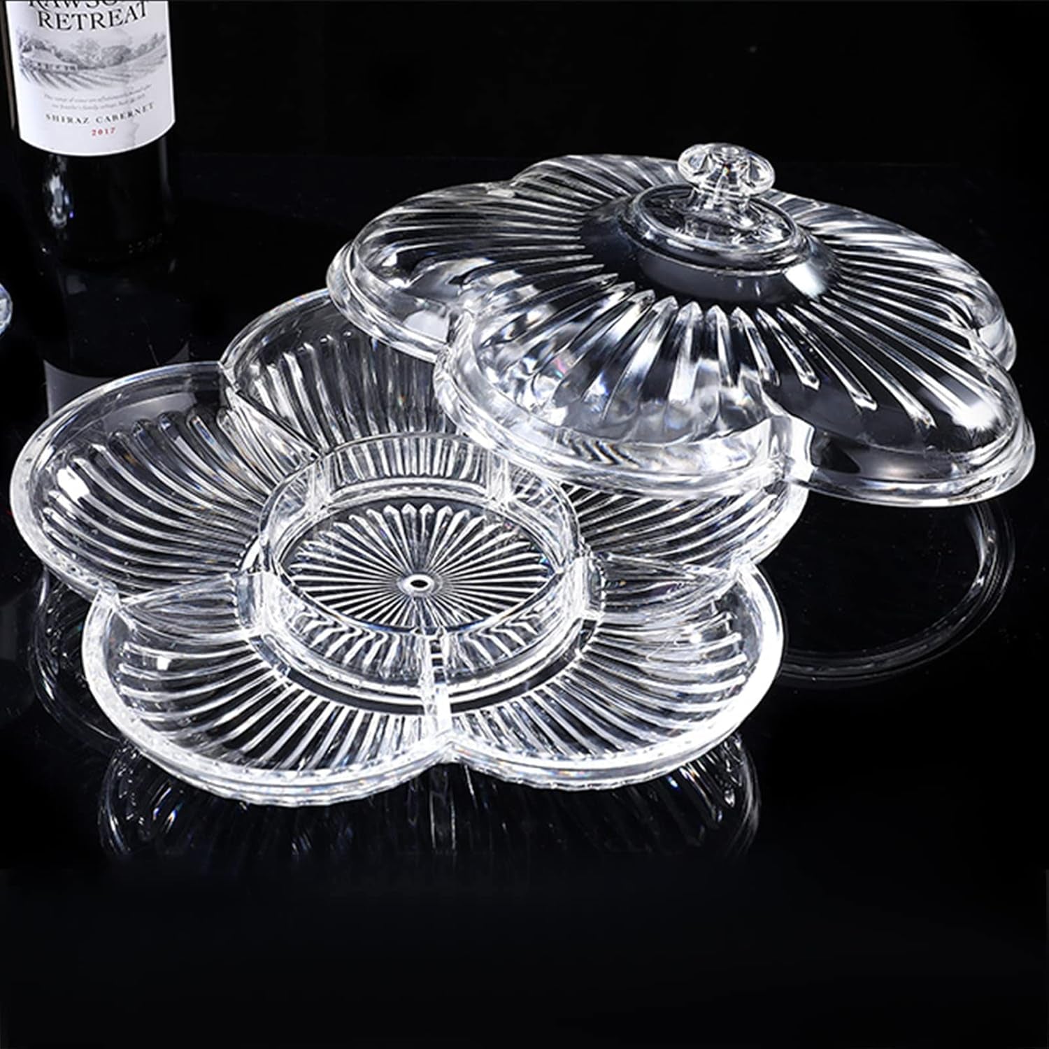 Creative Acrylic Multifunctional Party Snack Tray with Lid,Serving Dishes for Dried Fruits Nuts Candies Fruits,6-Compartment (Clear Flower)