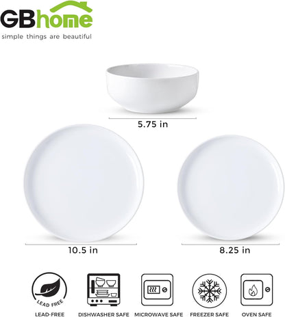 12-Piece Ceramic Dinnerware Set, Stoneware Plates and Bowls, Dishwasher and Microwave Safe, Service for 4 - White