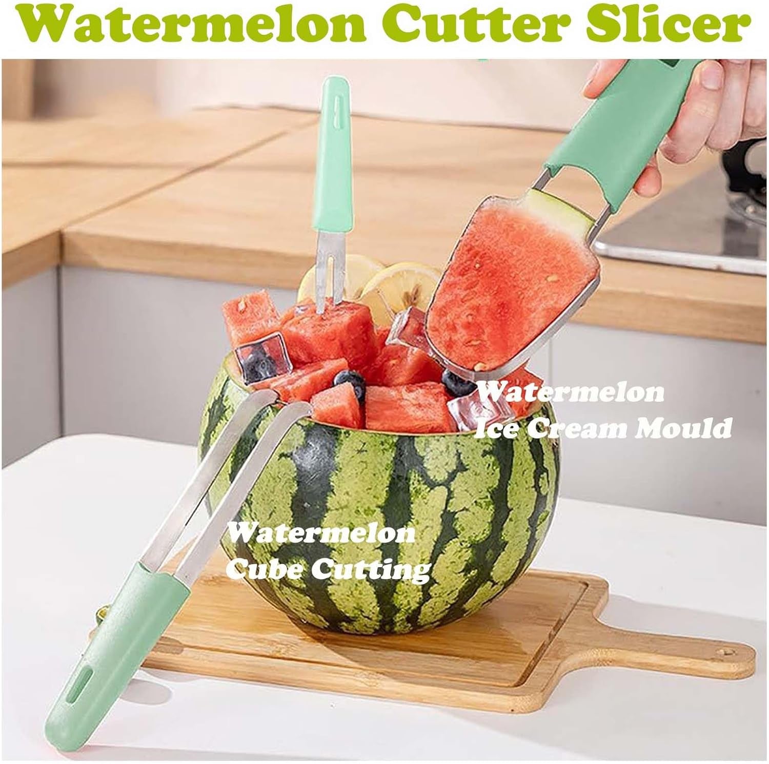 Watermelon Cutter Slicer, Watermelon Popsicle Mould, 3 in 1 Melon Scoop Fruit Scooper Tool for Dig Pulp Separator, Creative Dig Melon Kitchen Gadgets, Fruit Cutters Shapes, Fruit Scooper