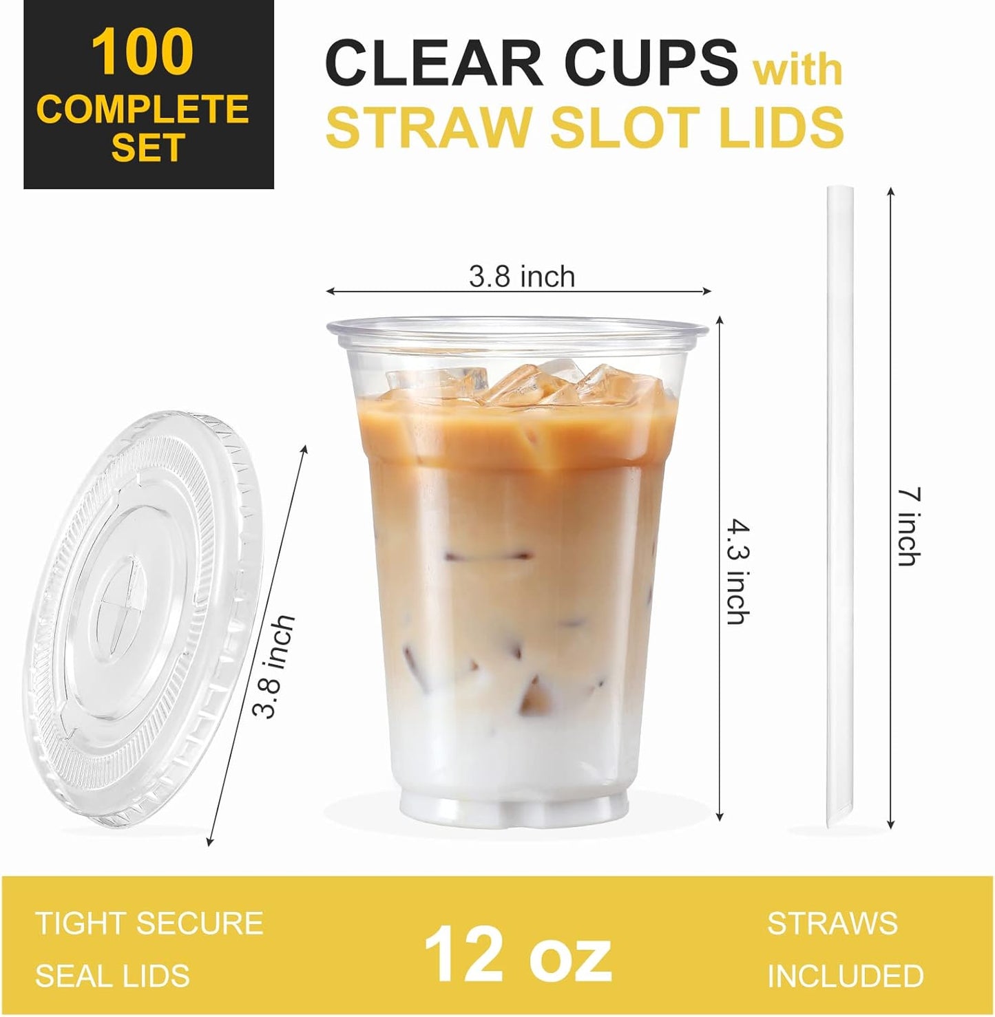 100 Sets - 12Oz Clear Plastic Cups with Lids and Straws, Disposable Cups for Iced Coffee, Smoothie, Milkshake, Cold Drinks