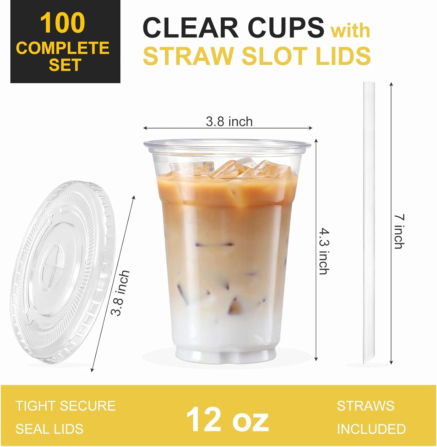 100 Sets - 12Oz Clear Plastic Cups with Lids and Straws, Disposable Cups for Iced Coffee, Smoothie, Milkshake, Cold Drinks