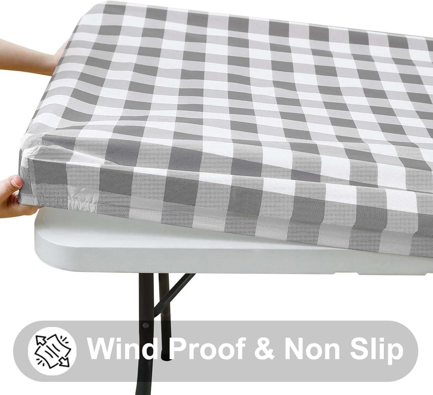 Rectangle Elastic Waterproof Fitted Vinyl Tablecloths with Flannel Backing, Buffalo Plaid Design for Dining and Outdoor Use (White and Grey, 30" x 72")
