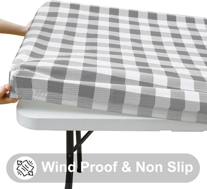 Rectangle Elastic Waterproof Fitted Vinyl Tablecloths with Flannel Backing, Buffalo Plaid Design for Dining and Outdoor Use (White and Grey, 30" x 72")