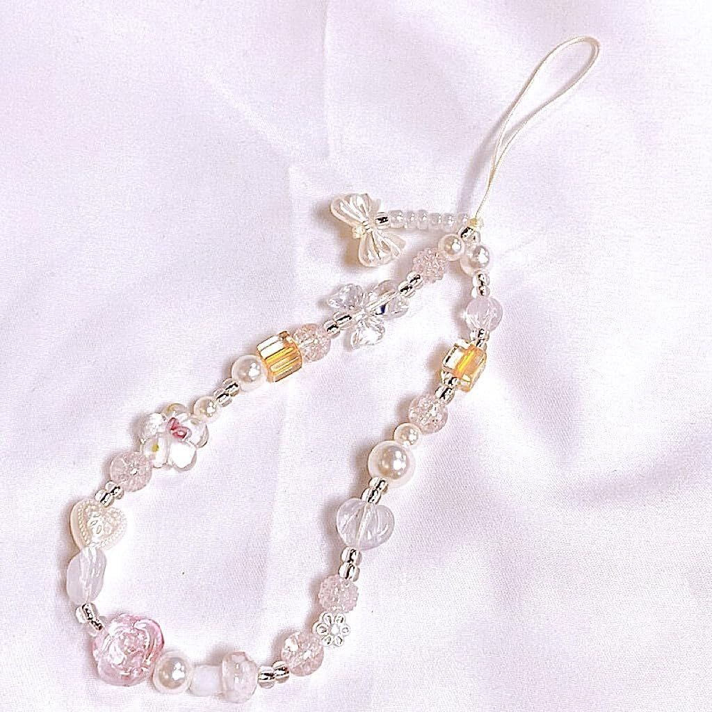 Beaded Camera Wrist Strap Cute Pearl Digital Camera Charm Lanyard, Phone Wristlet Charms, Beaded Camera Chain for Phone, Bag, Keychain Accessories (Bow&Flower)