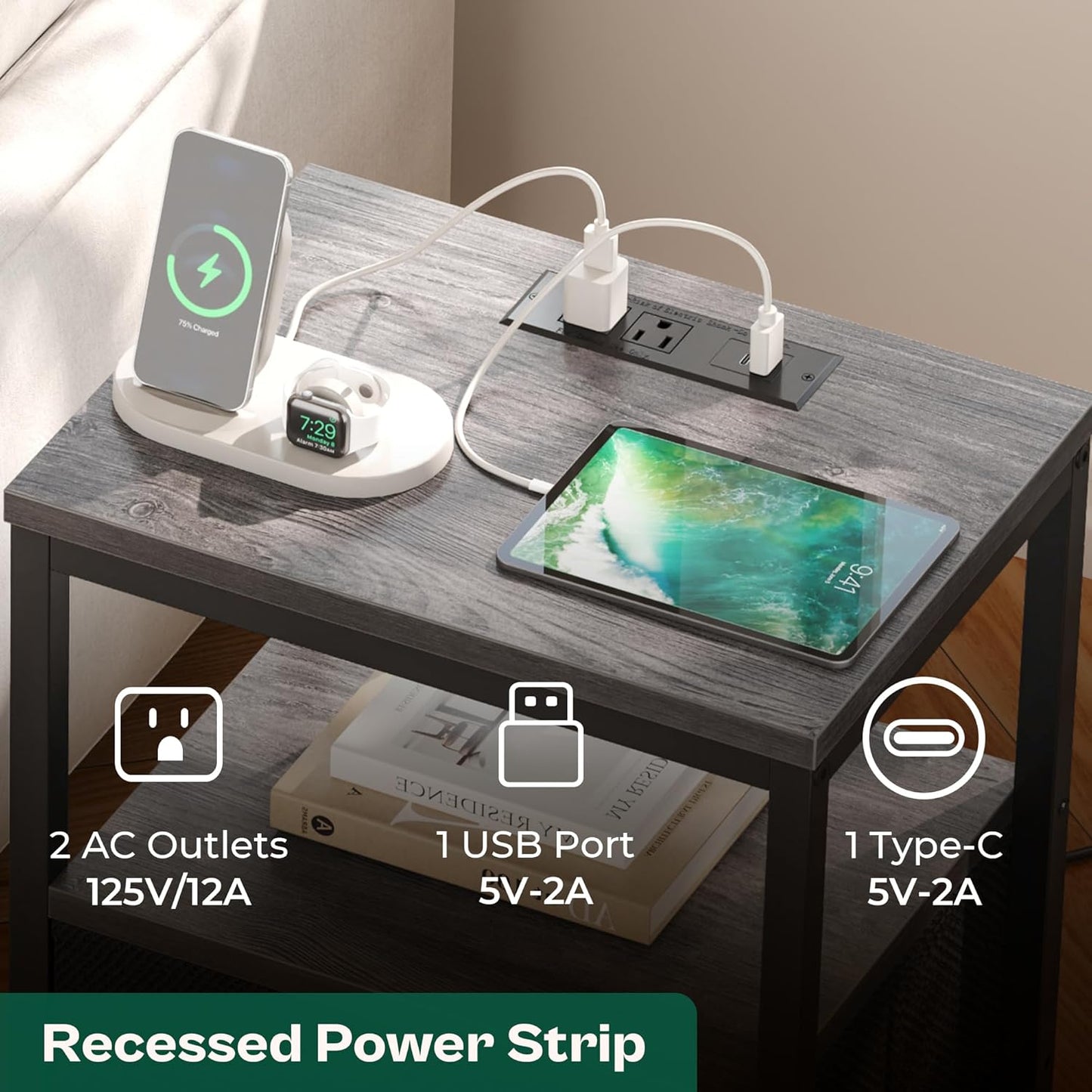 Charcoal Gray Nightstand with Integrated Charging Station, Fabric Drawers, Open Shelf, and USB Ports