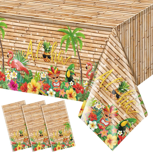 3Pcs Hawaiian Luau Tablecloth Tiki Party Tablecloths Tropical Table Cloth Plastic Disposable Rectangle Table Covers for Tiki Bar Tropical Summer Beach Pool Birthday Party Decorations ,108X 54 Inch