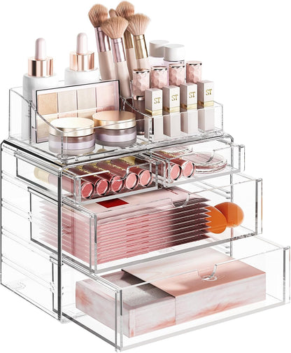 4-Tier Clear Makeup Organizer with Drawer - Stackable Acrylic Cosmetic Storage for Bathroom Vanity & Dresser Countertop, Make up & Jewelry Storage, Beauty Holder for Lipstick Brush Skincare