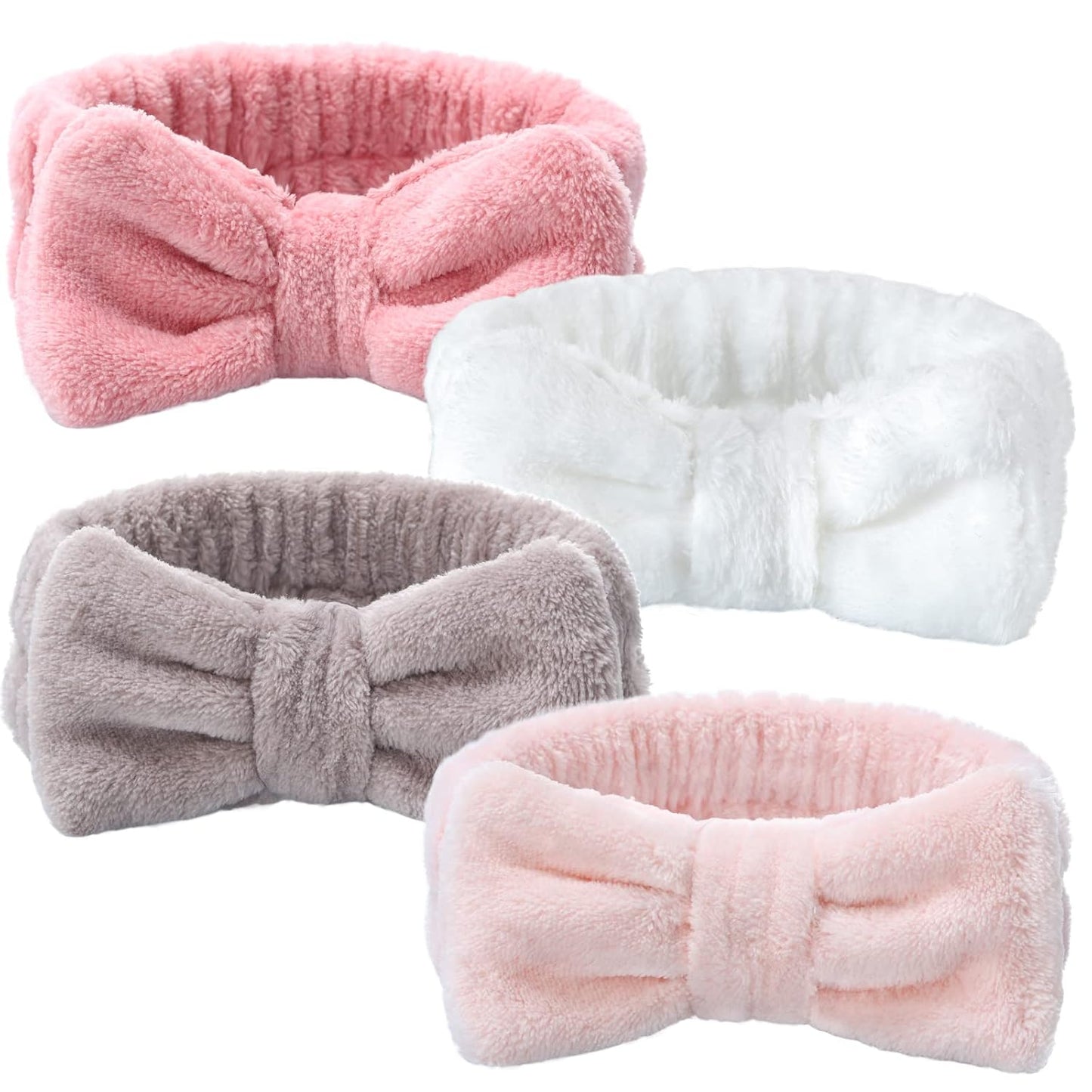 4 Pack Spa Headband for Washing Face, Girls Makeup Bow Tie Hair Band, Microfiber Women Headbands, Elastic Headband to Skincare, Gifts for Teen Girls- White, Brown, Rose Pink, Light Pink