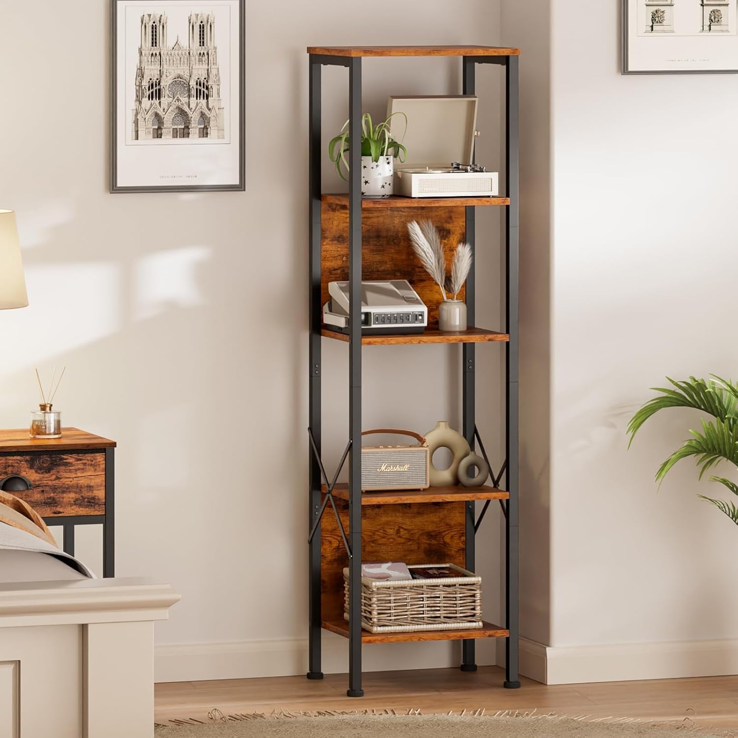 5 Tier Tall Bookshelf with Back, Display Narrow Bookcase, Industrial Storage Corner Shelves Organizer for Bedroom, Living Room, Entryway, Kitchen, Rusitc Brown