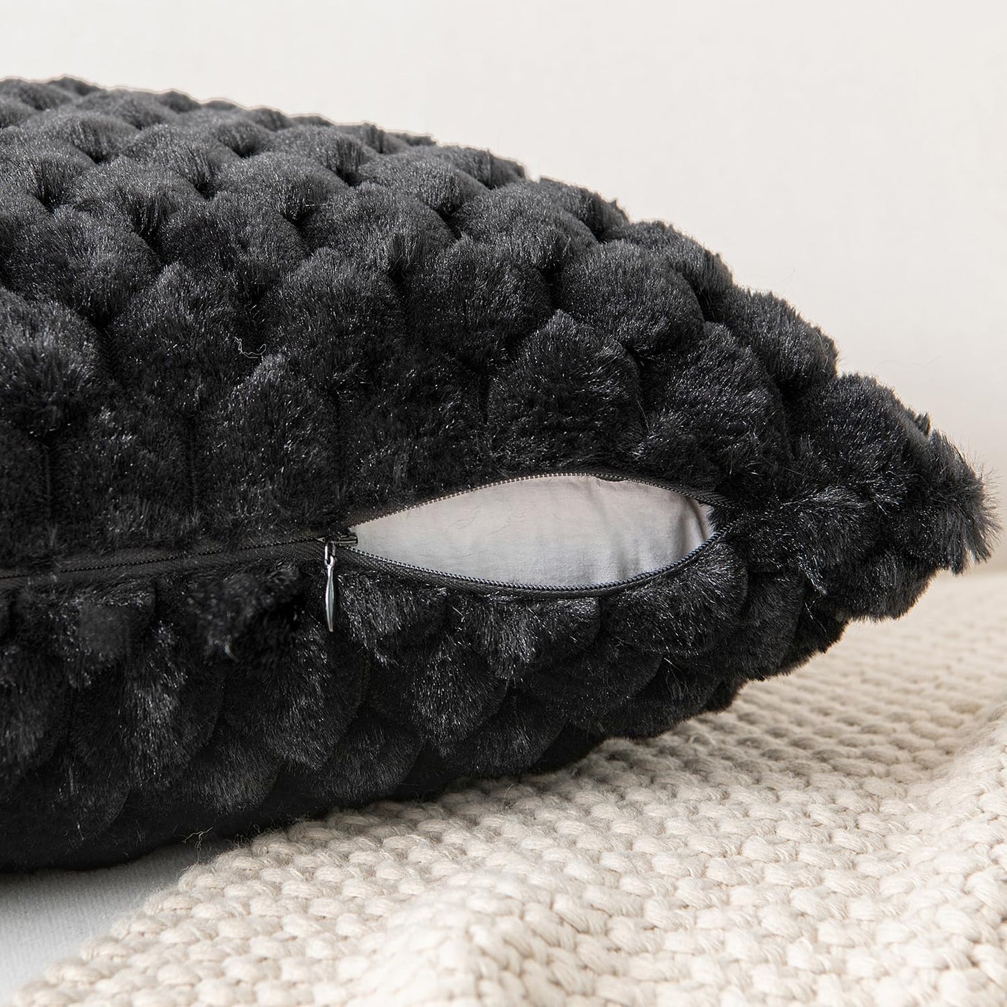 Black Faux Fur Decorative Throw Pillow Covers 18X18 Inch Set of 2 Super Soft Cozy Plush Cushion Cases Luxury Fluffy Pillowcases for Sofa Couch Bed Living Room