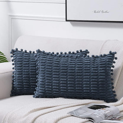 2 Packs Dusty Blue Decorative Throw Pillow Covers 12X20 Inch with Pom-Poms for Couch Bed Living Room, Farmhouse Boho Home Decor, Soft Corduroy Cute Lumbar Cushion Case 30X50 Cm