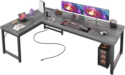 63-Inch L-Shaped Desk with Integrated Power Outlets and USB-C Port, Reversible Design, Spacious Corner Gaming and Office Desk, 0.95-Inch Thick Desktop, Sturdy Metal Frame, Ideal for Home Office and Study, Grey
