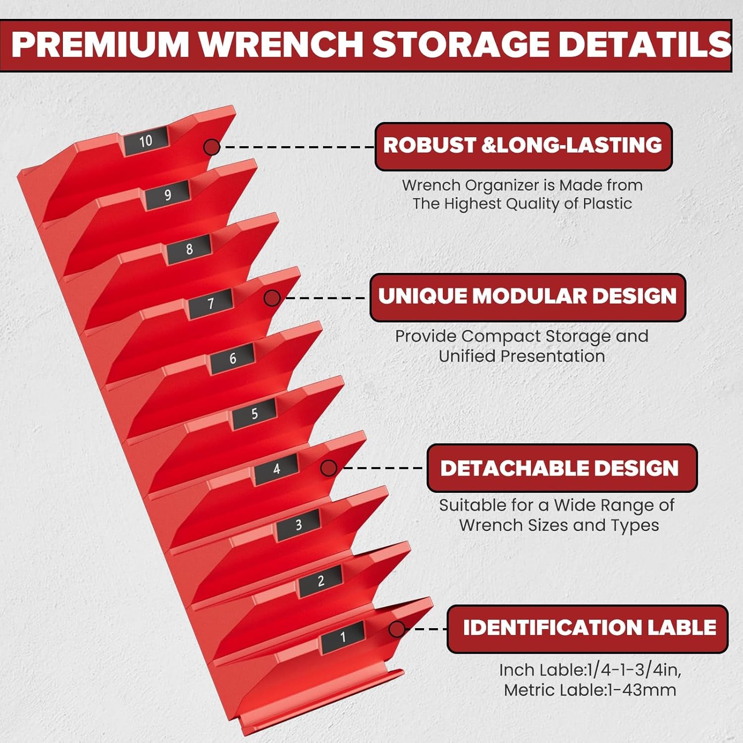 40PCS Modular Wrench Organizer Wrench Holder - Wrench Tool Organizers for Tool Drawer Storage, Wrench Storage Set with Metric & SAE Label, Wrench Rack Tool Gift for Professional Mechanics Men, Red