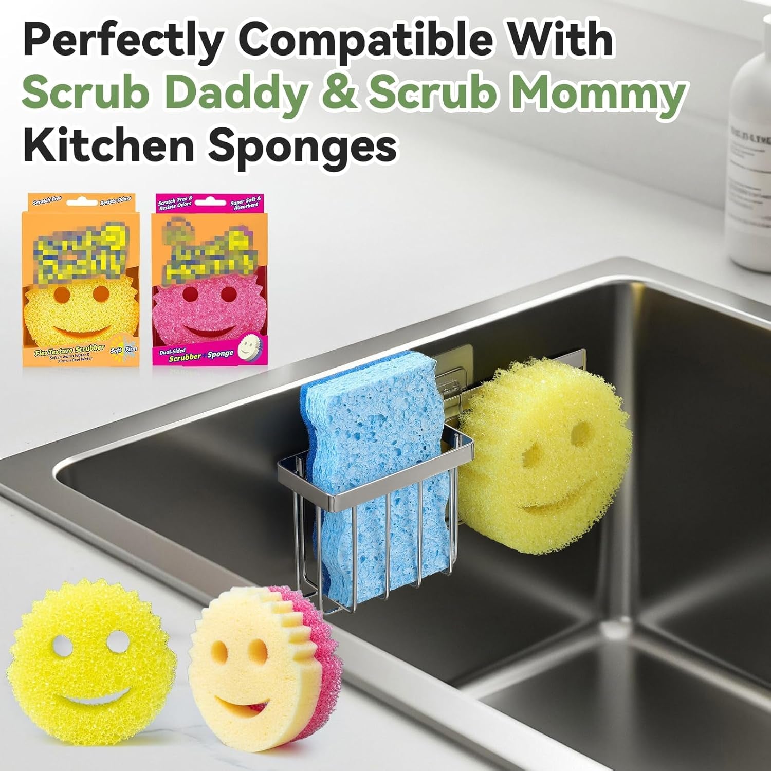 [Slim & Space-Saving] Sponge Holder for Kitchen Sink, Sponge Caddy for Scrub Daddy / Scrub Mommy Smiley Face, Sink Organizer Accessories for Dish Brush, Scrubber -With 2 Suction Cups & 1 Adhesive Hook