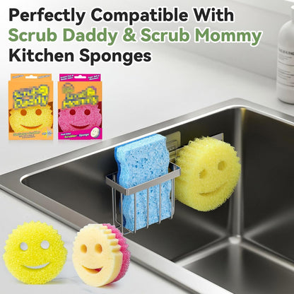 [Slim & Space-Saving] Sponge Holder for Kitchen Sink, Sponge Caddy for Scrub Daddy / Scrub Mommy Smiley Face, Sink Organizer Accessories for Dish Brush, Scrubber -With 2 Suction Cups & 1 Adhesive Hook
