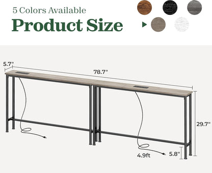 78.8-Inch Narrow Console Table Set of 2 with Charging Station, Oak Finish, Ideal for Living Room and Entryway
