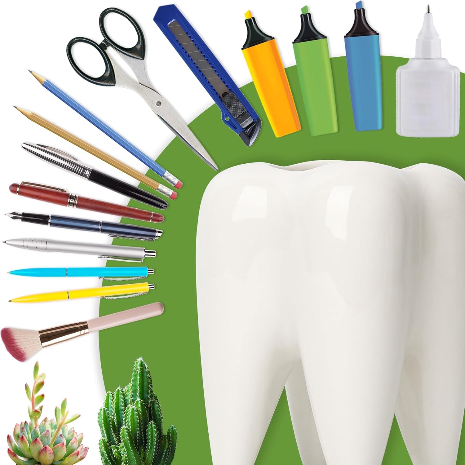 Ceramic Pen Holder, Tooth Shaped Pen Holder for Desk, Cute Pencil Pot White Accessories Desk Organizers for Office, School, Home，Pack of 1