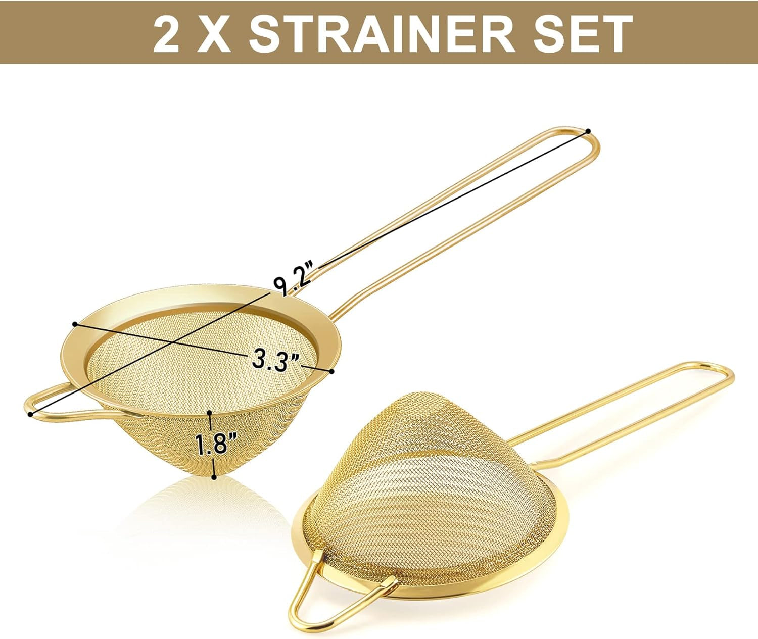 Conical Fine Mesh Strainer Set of 2, 3.3” Stainless Steel Tea Strainer Sieve with Long Handle for Kitchen & Bar, Filtering Tea, Coffee, Cocktail, Dishwasher Safe, (Gold)